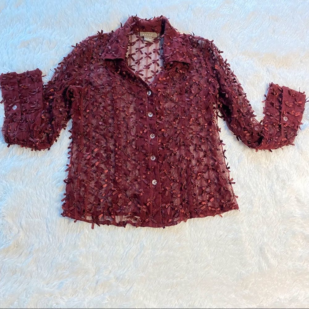 Kenar Wine Colored Ribboned Semi Sheer Blouse, Size 10.